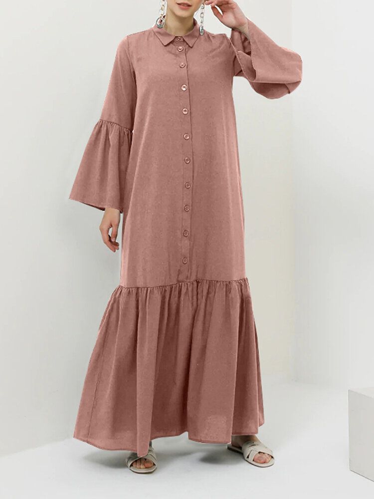 Vestido Largo Elegante Con Botones De Solapa Y Dobladillo De Volantes De Color Sólido Para Mujer