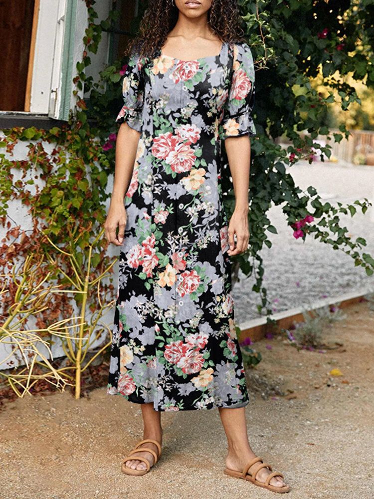 Vestido Largo Elegante Con Cuello Cuadrado Y Estampado De Flores Para Mujer