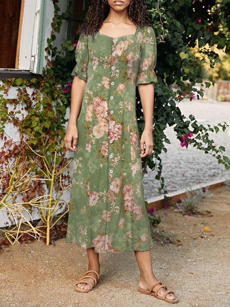 Vestido Largo Elegante Con Cuello Cuadrado Y Estampado De Flores Para Mujer