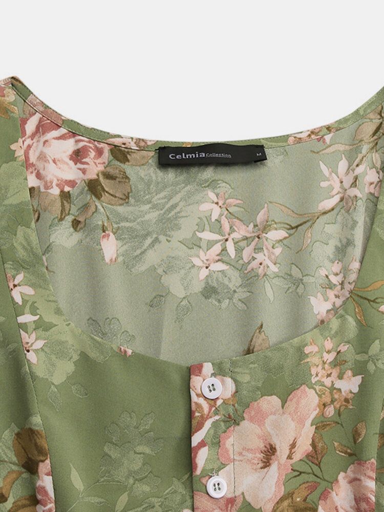 Vestido Largo Elegante Con Cuello Cuadrado Y Estampado De Flores Para Mujer