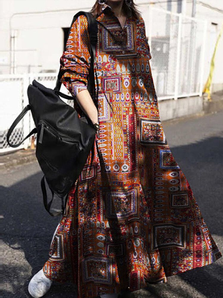 Vestido Largo Estilo Camisa Con Estampado De Algodón Y Manga Larga Con Botones Y Estampado De Estilo Étnico Para Mujer