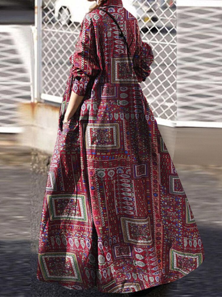 Vestido Largo Estilo Camisa Con Estampado De Algodón Y Manga Larga Con Botones Y Estampado De Estilo Étnico Para Mujer