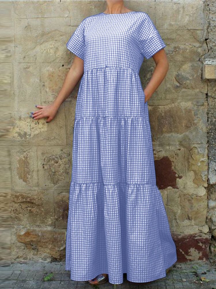 Vestido Largo Estilo Raglán Con Estampado De Cuadros En Capas Y Bolsillos Laterales