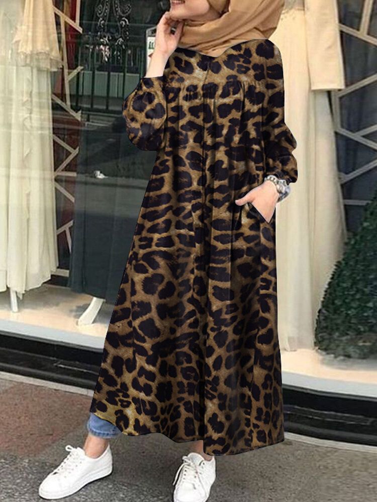 Vestido Largo Estilo Túnica Con Estampado De Leopardo Y Botones Delanteros Con Bolsillos Laterales