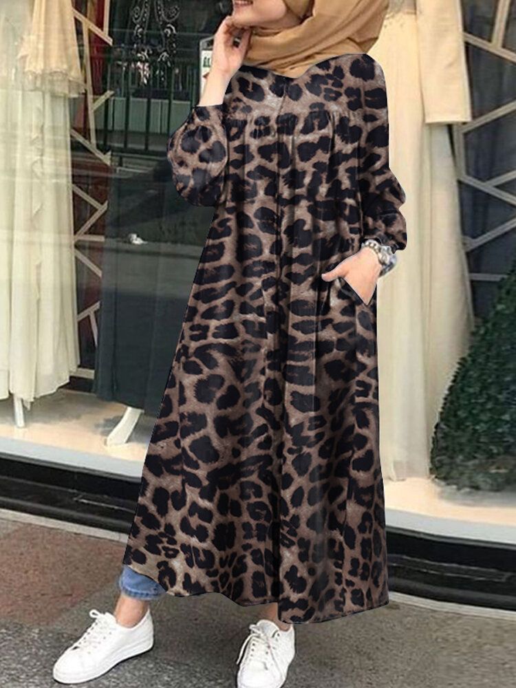 Vestido Largo Estilo Túnica Con Estampado De Leopardo Y Botones Delanteros Con Bolsillos Laterales