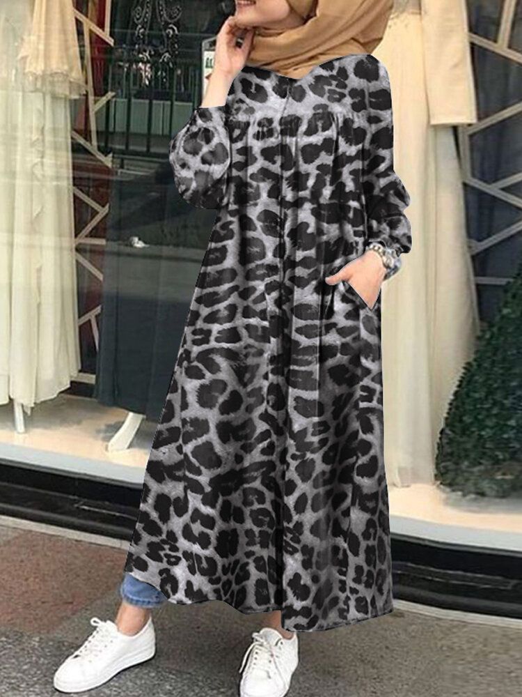 Vestido Largo Estilo Túnica Con Estampado De Leopardo Y Botones Delanteros Con Bolsillos Laterales