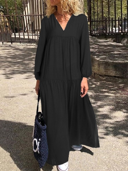 Vestido Largo Holgado Con Cuello En V De Color Sólido Suelto En La Playa Con Gradas Para Mujer