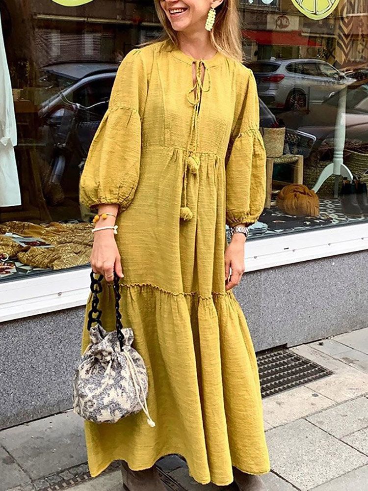 Vestido Largo Holgado Con Diseño De Borla Y Manga Abullonada De Algodón Informal Para Mujer