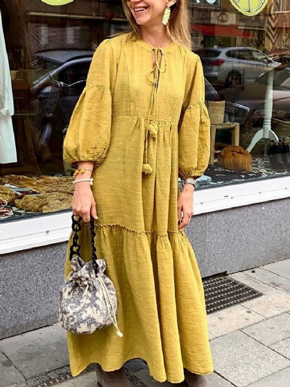 Vestido Largo Holgado Con Diseño De Borla Y Manga Abullonada De Algodón Informal Para Mujer