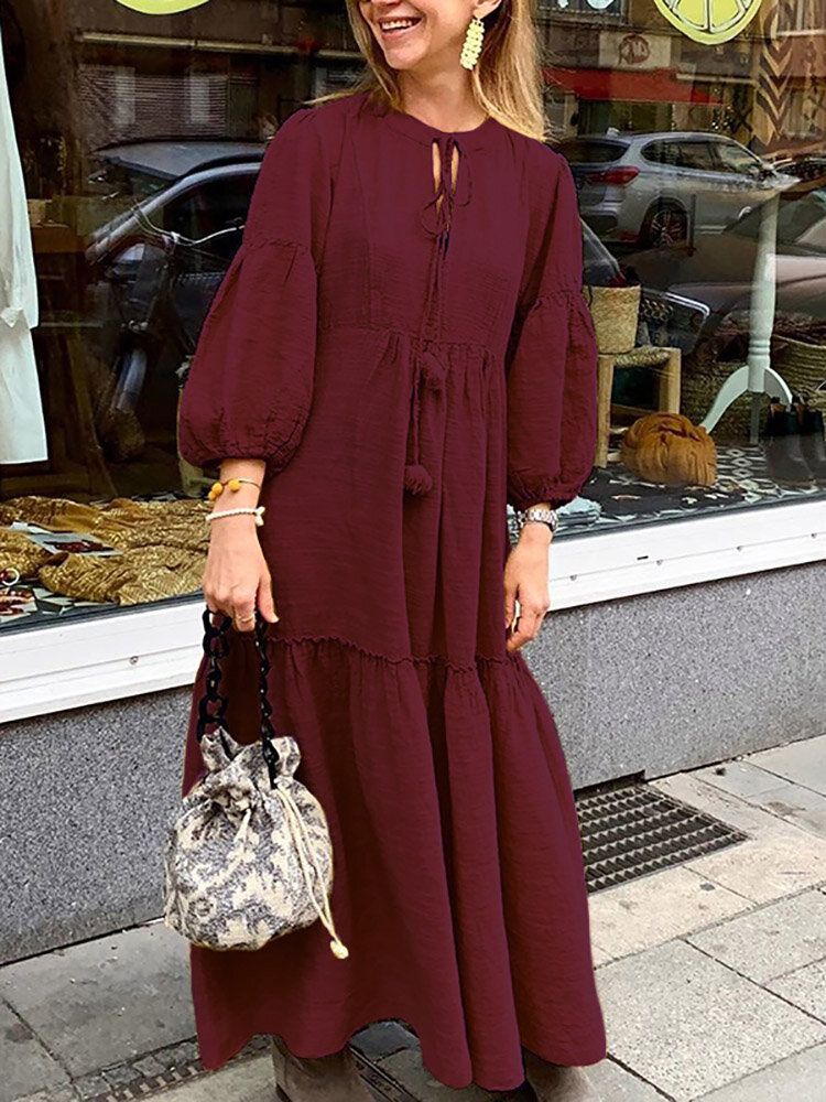 Vestido Largo Holgado Con Diseño De Borla Y Manga Abullonada De Algodón Informal Para Mujer