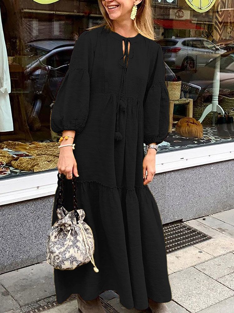 Vestido Largo Holgado Con Diseño De Borla Y Manga Abullonada De Algodón Informal Para Mujer