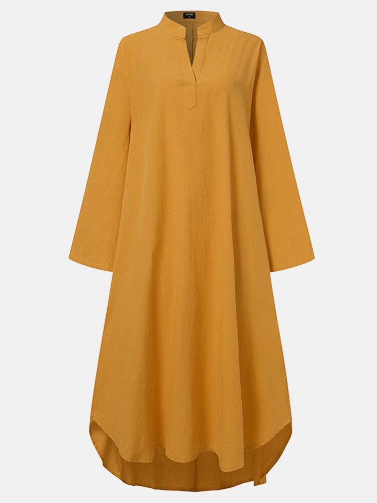 Vestido Largo Holgado Informal De Manga Larga Con Cuello En V De Color Sólido Para Mujer