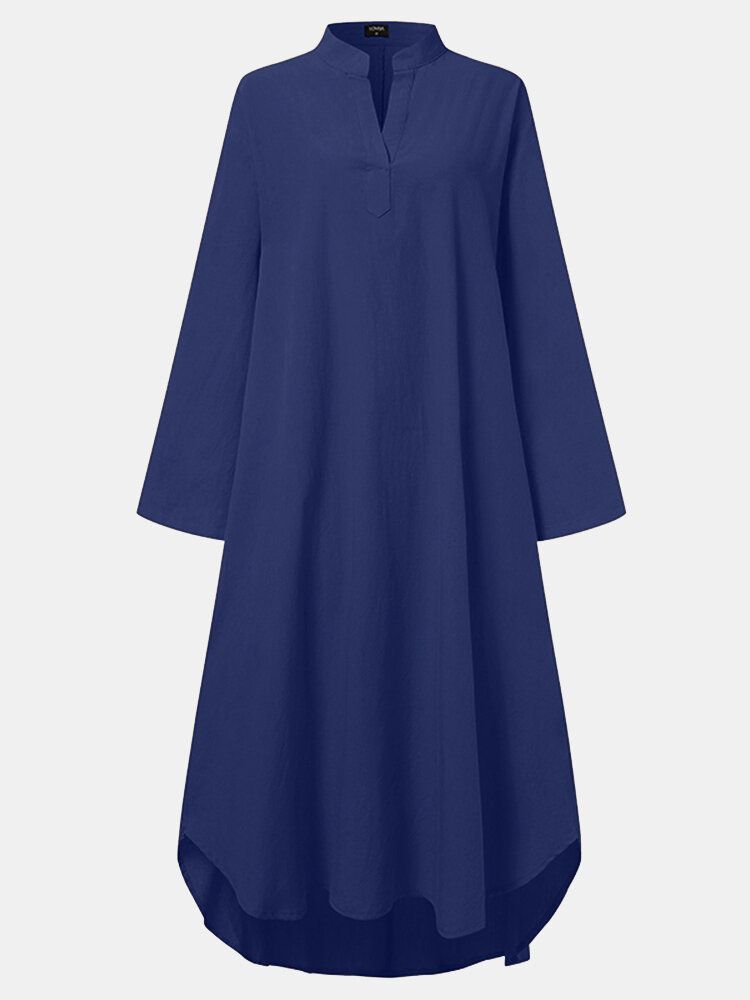 Vestido Largo Holgado Informal De Manga Larga Con Cuello En V De Color Sólido Para Mujer