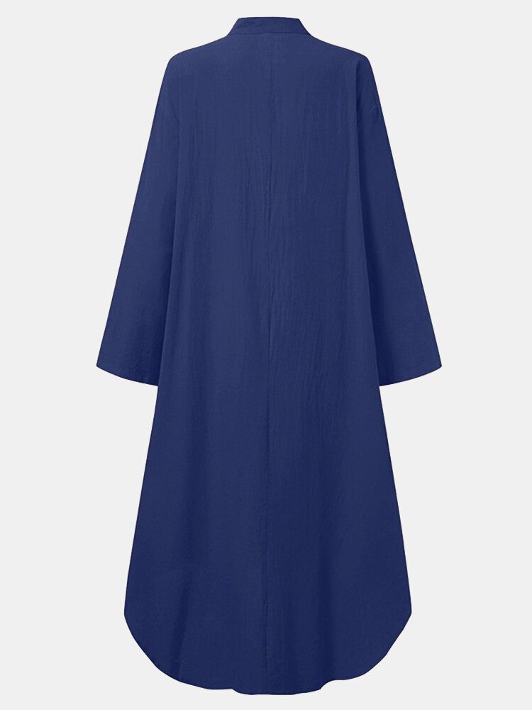 Vestido Largo Holgado Informal De Manga Larga Con Cuello En V De Color Sólido Para Mujer