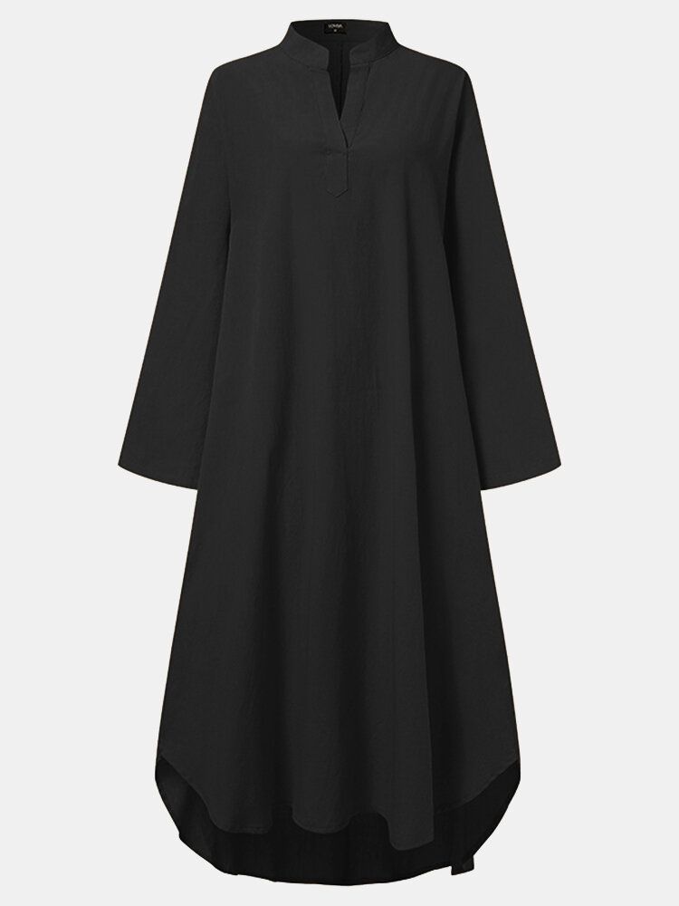 Vestido Largo Holgado Informal De Manga Larga Con Cuello En V De Color Sólido Para Mujer