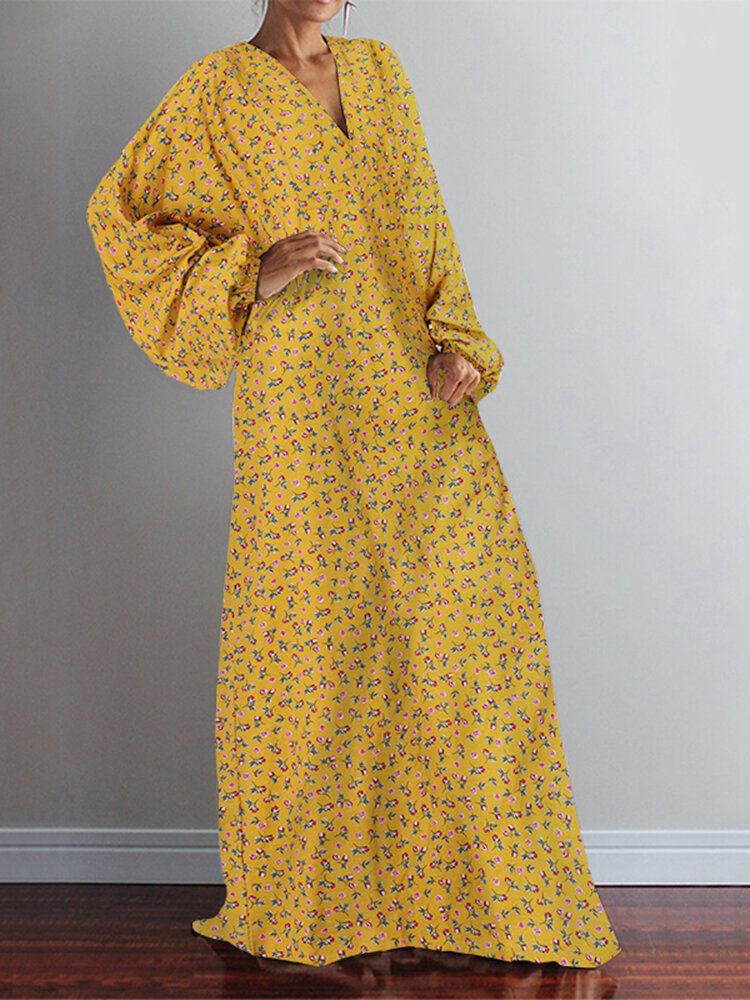 Vestido Largo Holgado Holgado Informal De Manga Larga Con Cuello En V Y Estampado Floral Para Mujer