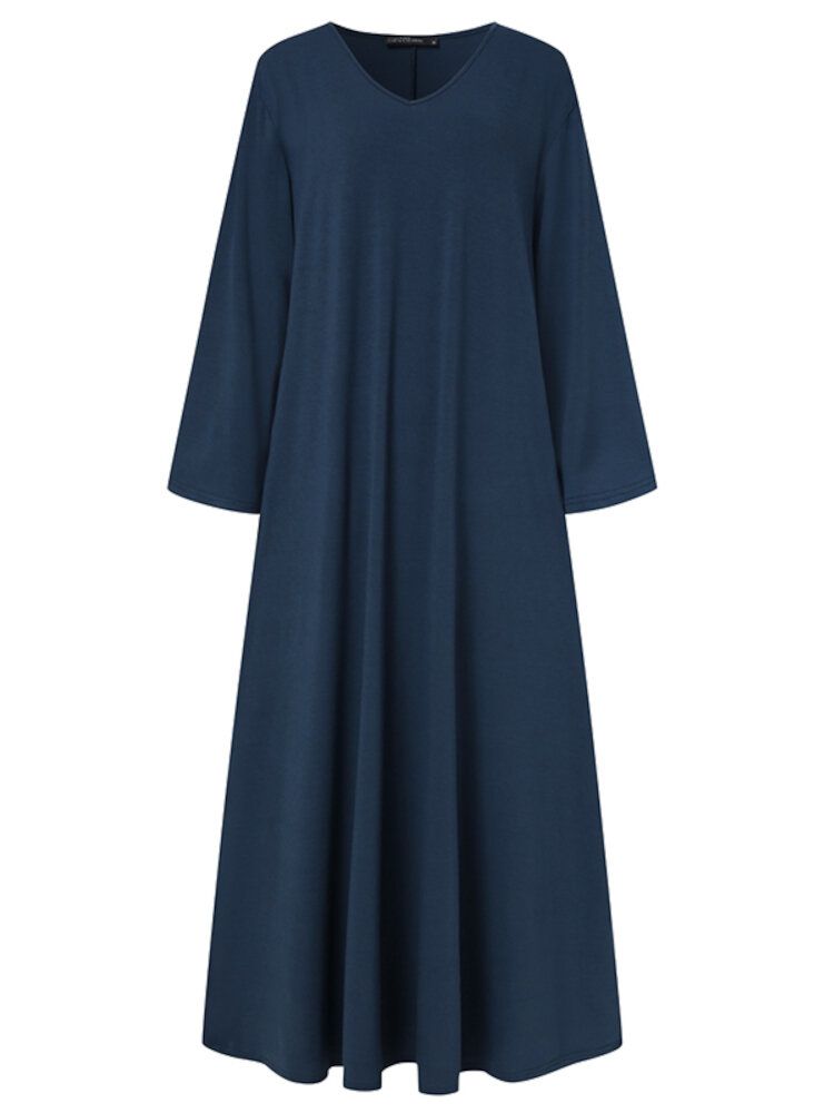 Vestido Largo Holgado De Manga Larga Con Cuello En V Y Color Sólido Informal Para Mujer