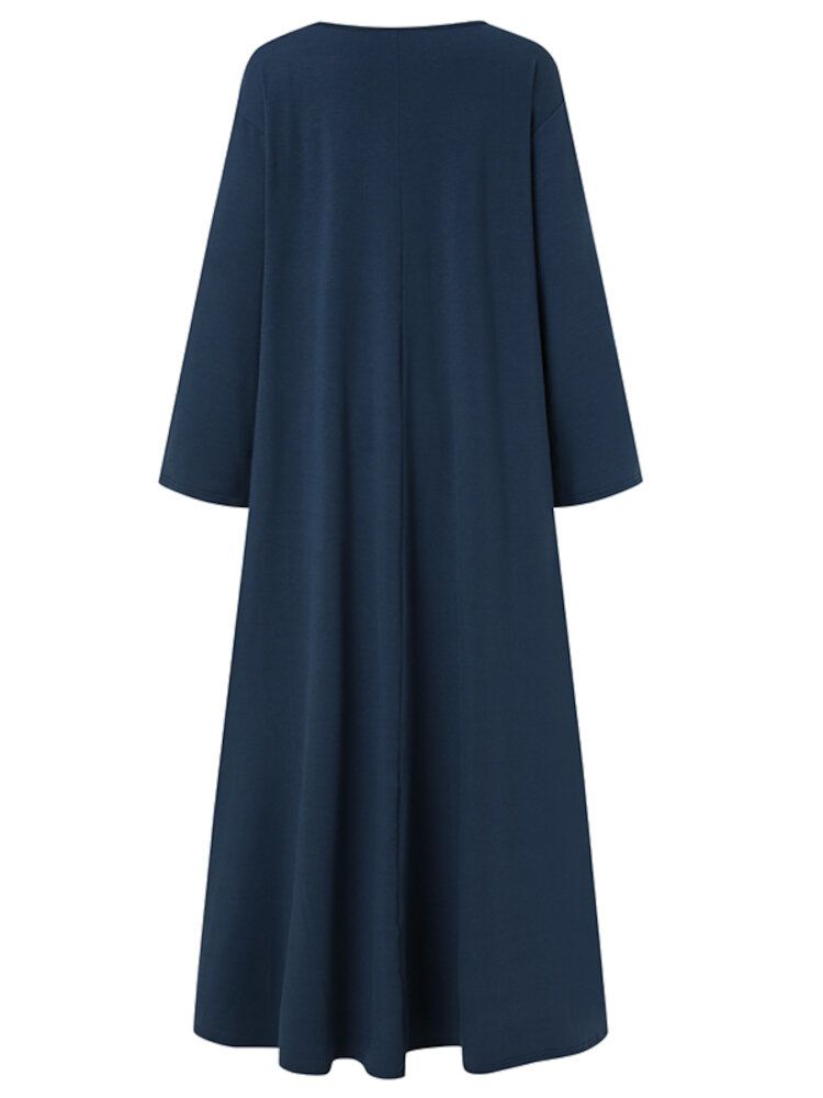 Vestido Largo Holgado De Manga Larga Con Cuello En V Y Color Sólido Informal Para Mujer