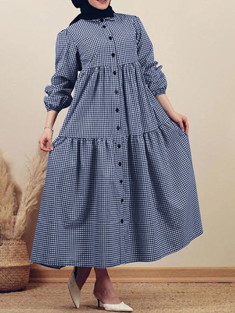 Vestido Largo Informal Con Botones Sueltos Y Cuello De Solapa Con Manga Abullonada Y Estampado A Cuadros Para Mujer