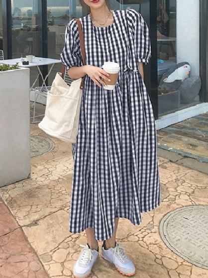 Vestido Largo Informal Con Manga Abullonada Y Estampado A Cuadros Camisa Empalmada Irregular Para Mujer