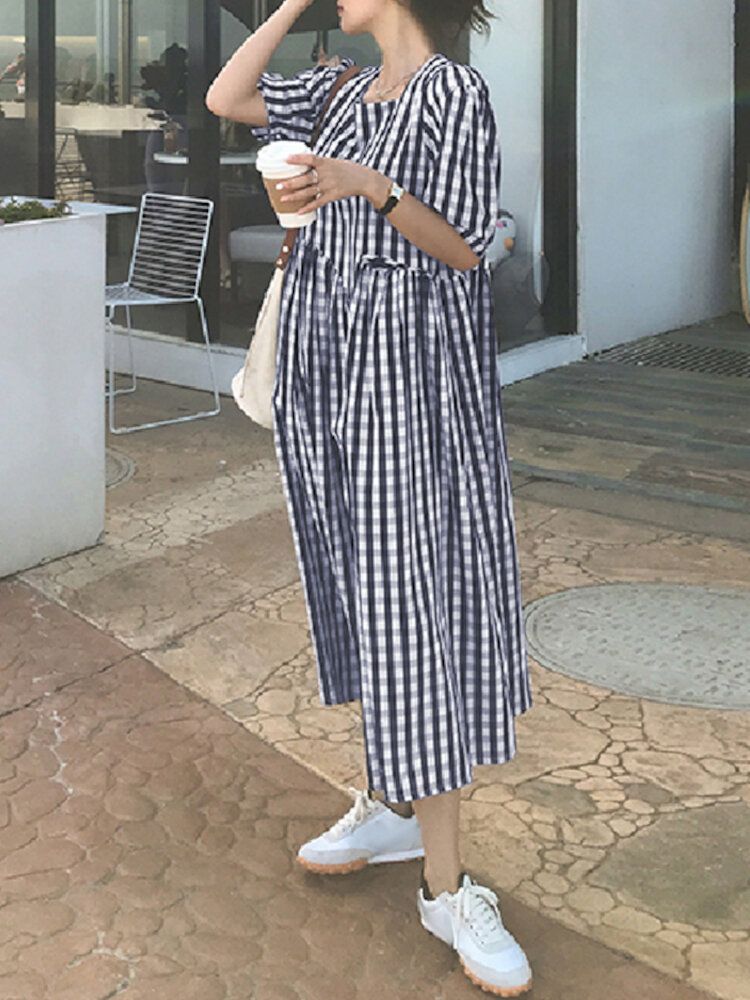 Vestido Largo Informal Con Manga Abullonada Y Estampado A Cuadros Camisa Empalmada Irregular Para Mujer