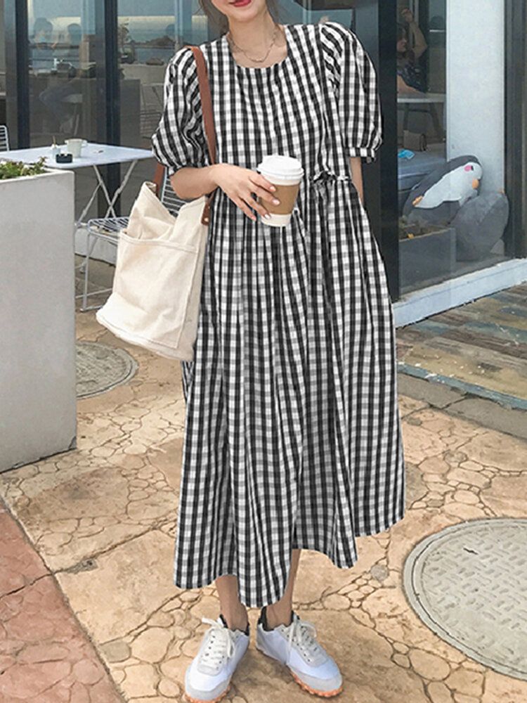 Vestido Largo Informal Con Manga Abullonada Y Estampado A Cuadros Camisa Empalmada Irregular Para Mujer