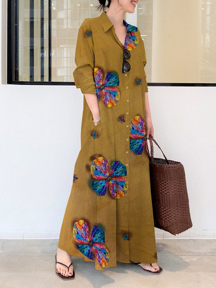 Vestido Largo Informal De Manga Larga Con Botones Y Estampado De Flores Para Mujer Con Bolsillo