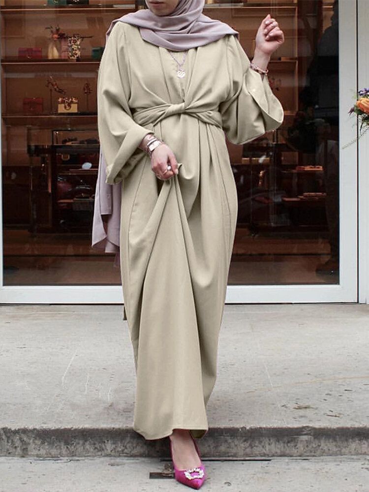 Vestido Largo Kaftan Con Cuello Redondo De Color Sólido Con Cordones Y Tobillo Hasta El Tobillo Para Mujer