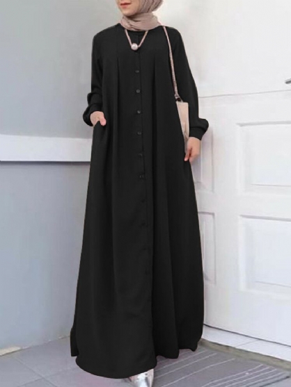 Vestido Largo De Manga Larga Con Bata De Kaftan Frontal Con Botones Para Mujer Vestidos Largos Con Bolsillo