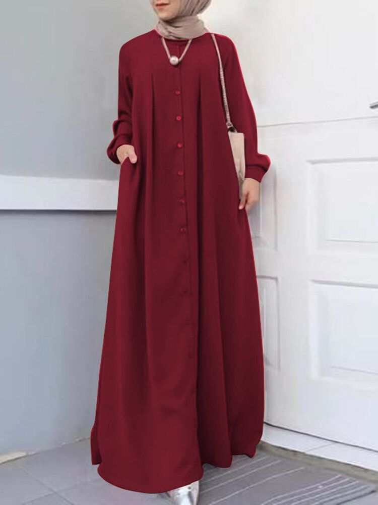 Vestido Largo De Manga Larga Con Bata De Kaftan Frontal Con Botones Para Mujer Vestidos Largos Con Bolsillo