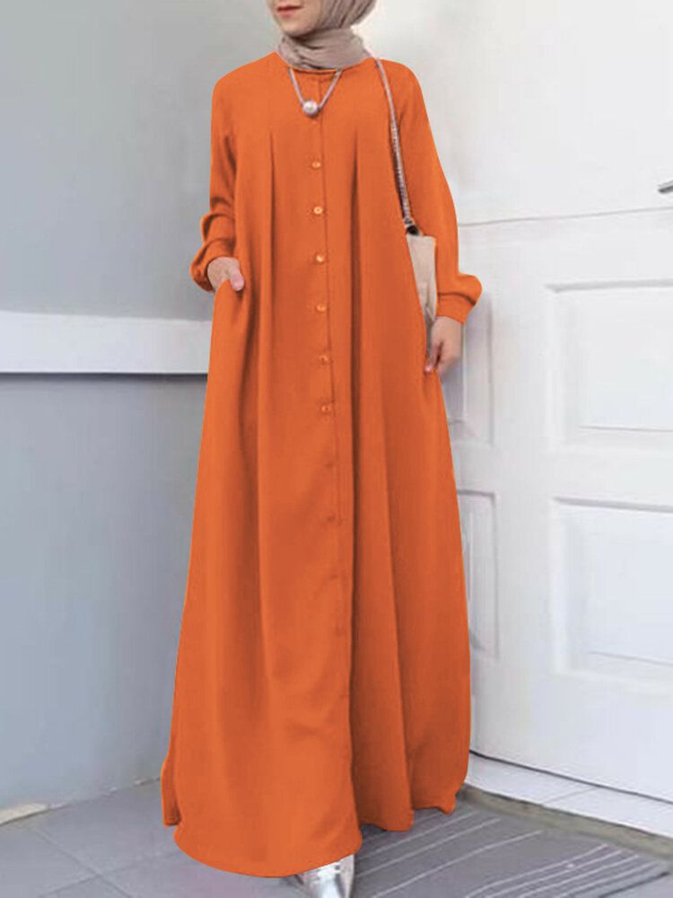 Vestido Largo De Manga Larga Con Bata De Kaftan Frontal Con Botones Para Mujer Vestidos Largos Con Bolsillo