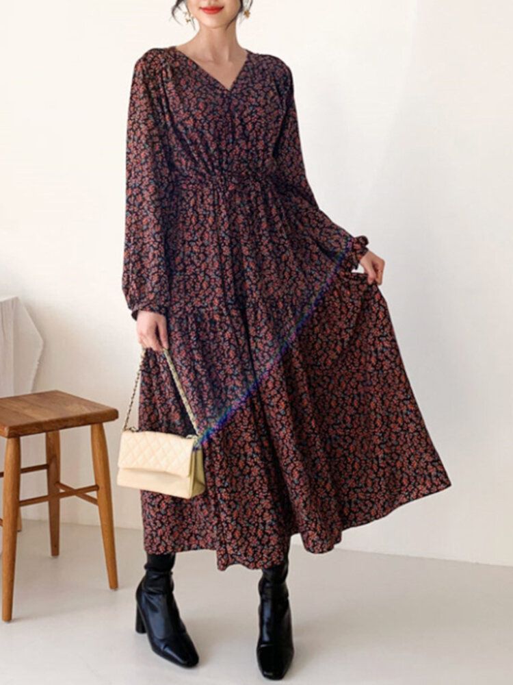 Vestido Largo De Manga Larga Con Cintura Elástica Y Estampado Floral Vintage Para Mujer