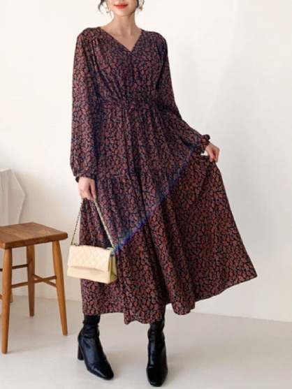 Vestido Largo De Manga Larga Con Cintura Elástica Y Estampado Floral Vintage Para Mujer