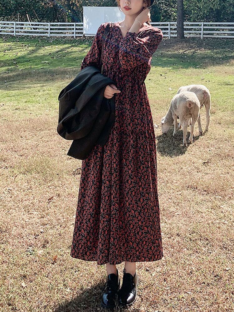 Vestido Largo De Manga Larga Con Cintura Elástica Y Estampado Floral Vintage Para Mujer