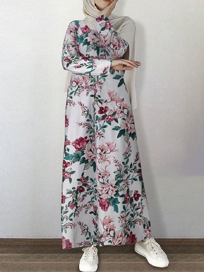 Vestido Largo De Manga Larga Con Cuello Redondo Y Estampado Floral Vintage De 100% Algodón Con Bolsillo Abaya Kaftan Para Mujer