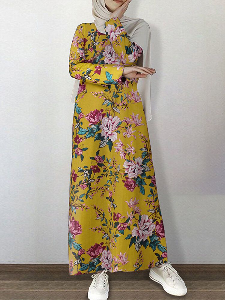 Vestido Largo De Manga Larga Con Cuello Redondo Y Estampado Floral Vintage De 100% Algodón Con Bolsillo Abaya Kaftan Para Mujer