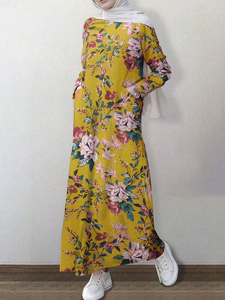 Vestido Largo De Manga Larga Con Cuello Redondo Y Estampado Floral Vintage De 100% Algodón Con Bolsillo Abaya Kaftan Para Mujer