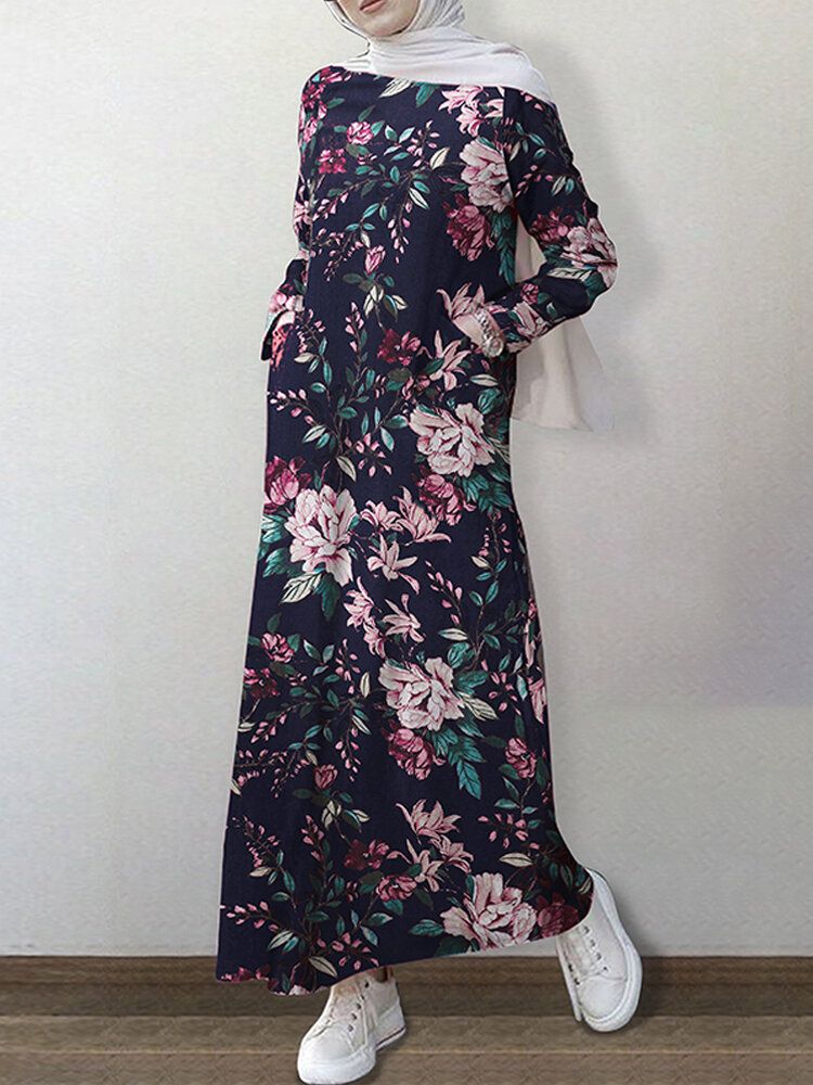 Vestido Largo De Manga Larga Con Cuello Redondo Y Estampado Floral Vintage De 100% Algodón Con Bolsillo Abaya Kaftan Para Mujer