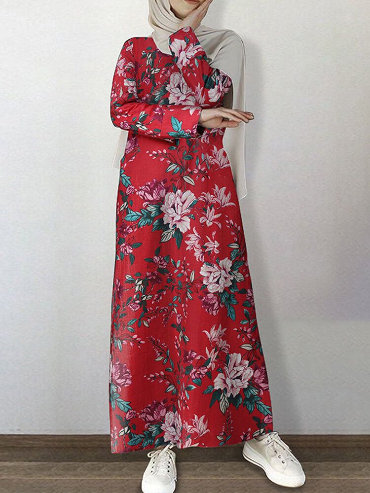 Vestido Largo De Manga Larga Con Cuello Redondo Y Estampado Floral Vintage De 100% Algodón Con Bolsillo Abaya Kaftan Para Mujer