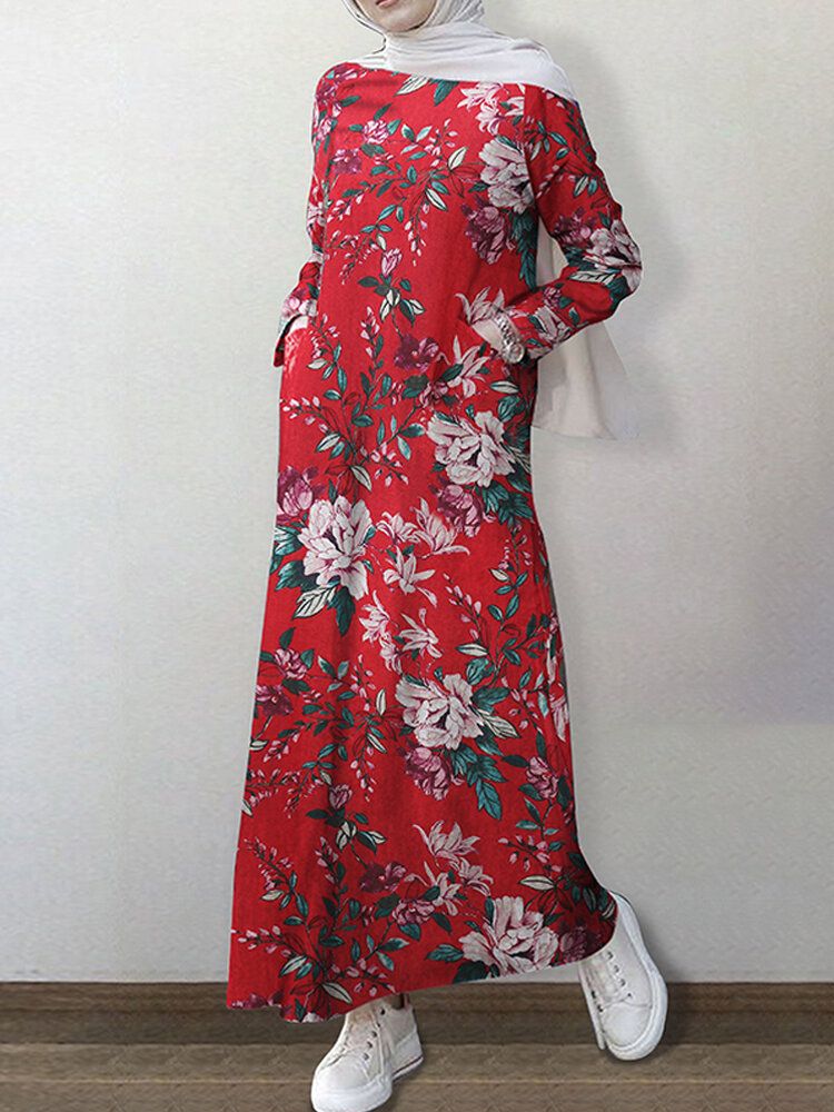 Vestido Largo De Manga Larga Con Cuello Redondo Y Estampado Floral Vintage De 100% Algodón Con Bolsillo Abaya Kaftan Para Mujer