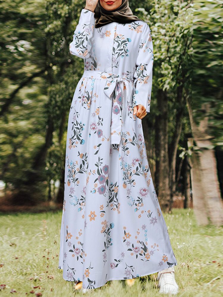 Vestido Largo De Manga Larga Con Túnica Kaftan Estampada Floral Para Mujer Con Cinturón