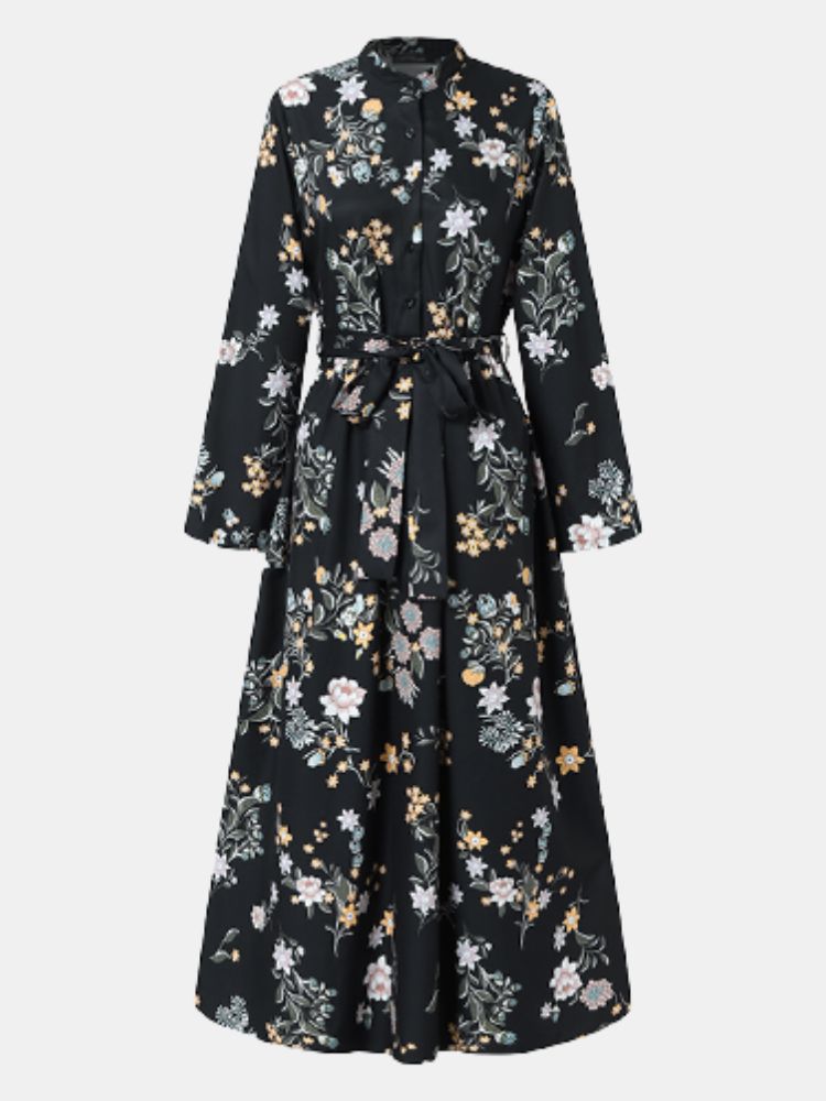 Vestido Largo De Manga Larga Con Túnica Kaftan Estampada Floral Para Mujer Con Cinturón