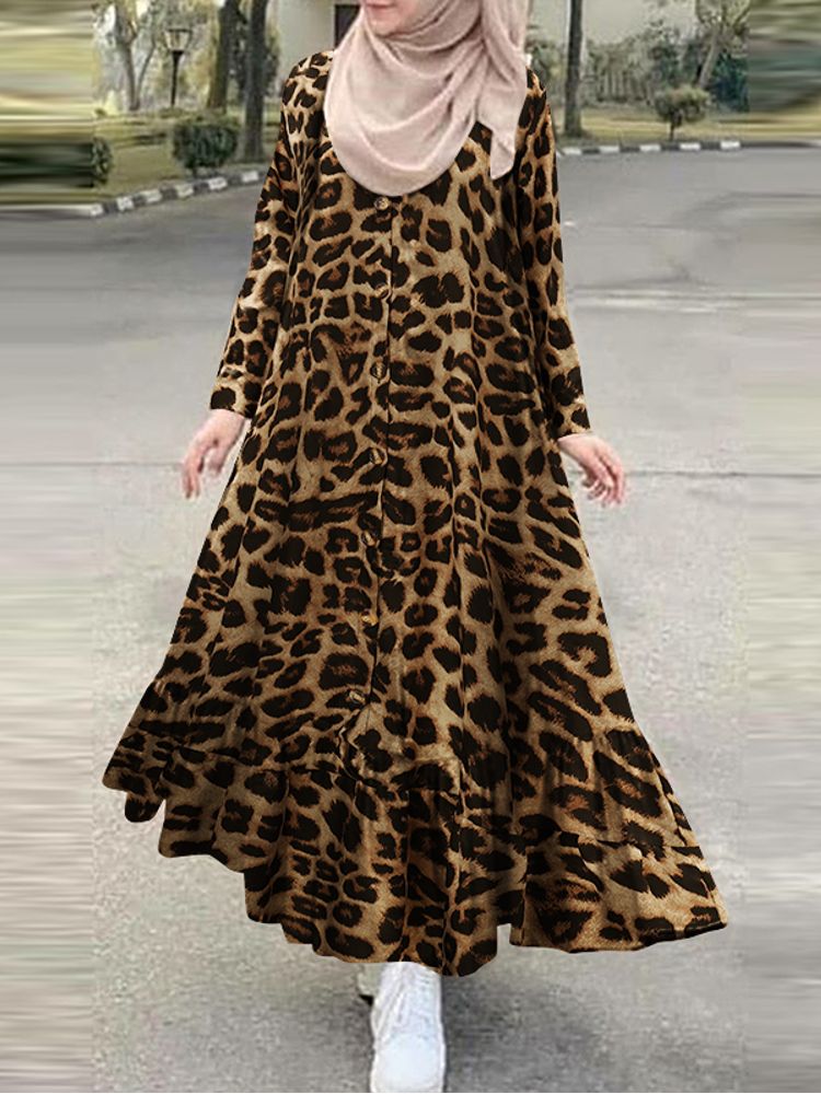 Vestido Largo De Manga Larga Con Volantes Y Estampado De Leopardo Para Mujer