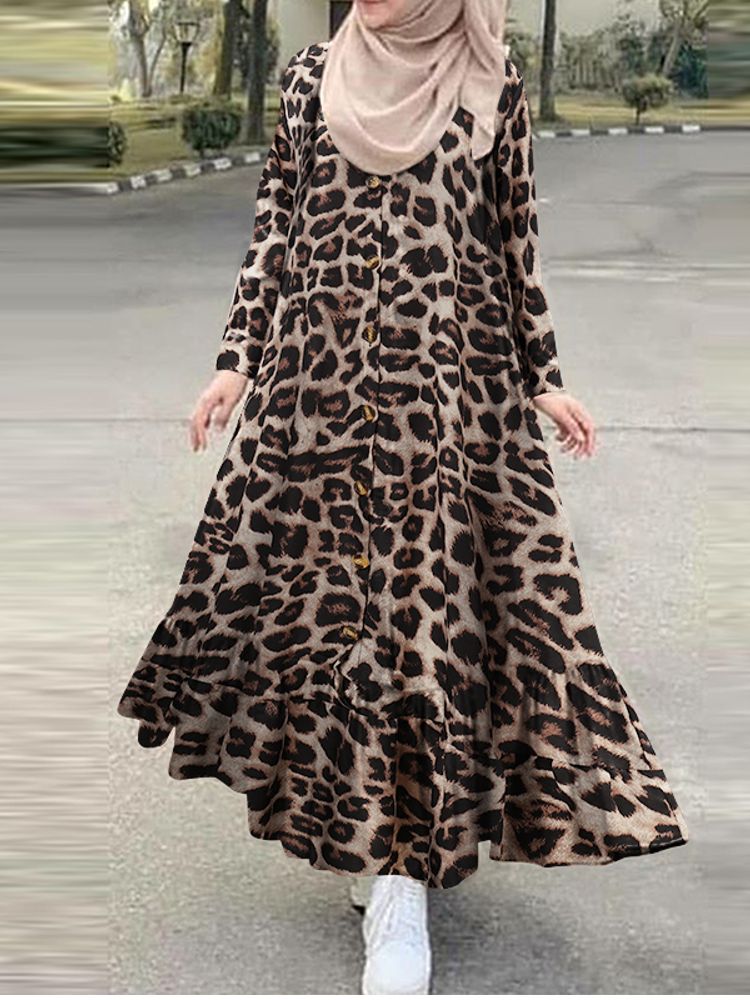 Vestido Largo De Manga Larga Con Volantes Y Estampado De Leopardo Para Mujer