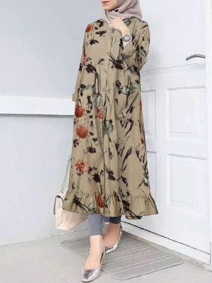 Vestido Largo De Mujer Con Estampado Floral Kaftan Y Dobladillo Con Volantes Con Bolsillo