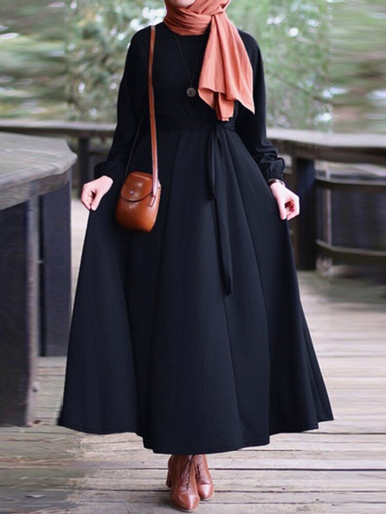 Vestido Largo Musulmán Con Túnica Caftán Con Cordones Y Puño Elástico Con Manga Abullonada Elegante Para Mujer