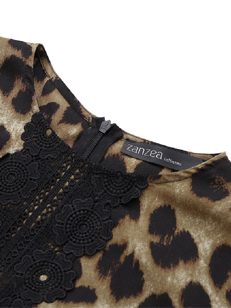 Vestido Largo Musulmán Con Túnica Caftán Con Manga Acampanada Y Encaje Con Estampado De Leopardo