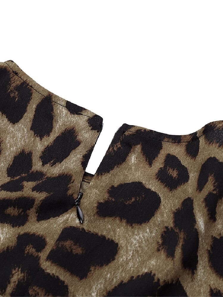 Vestido Largo Musulmán Con Túnica Caftán Con Manga Acampanada Y Encaje Con Estampado De Leopardo