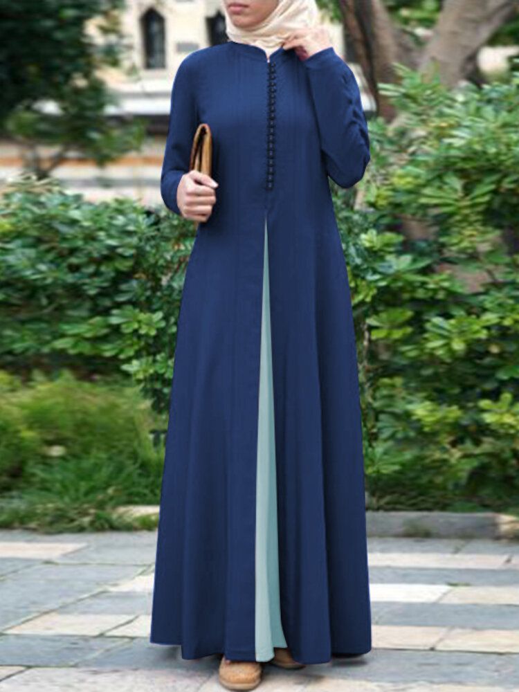 Vestido Largo Musulmán De Manga Larga Con Botones Bohemios Con Costura De Color En Contraste Para Mujer Abaya Kaftan