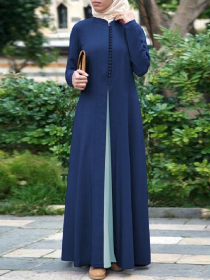 Vestido Largo Musulmán De Manga Larga Con Botones Bohemios Con Costura De Color En Contraste Para Mujer Abaya Kaftan